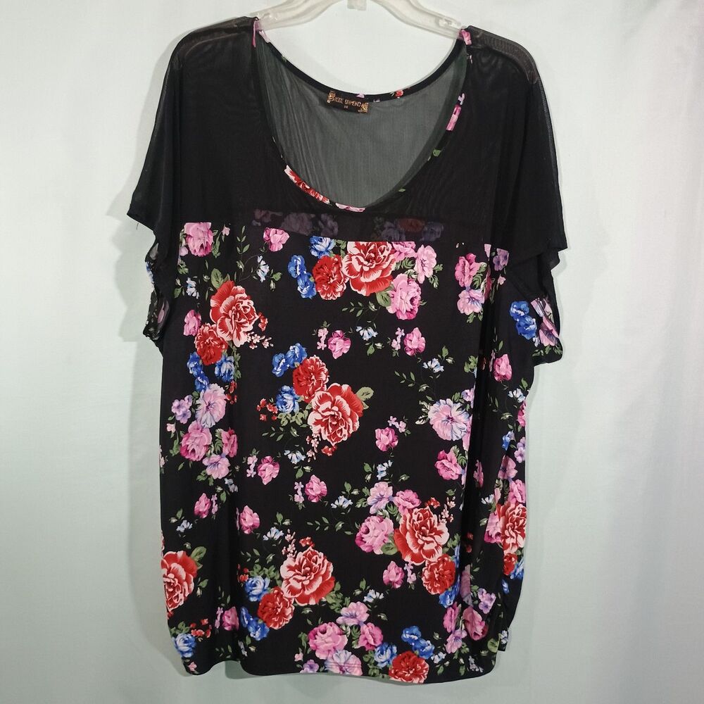 Black Floral Blouse Sheer Yoke Top Flowy Short Sleeve Romantic